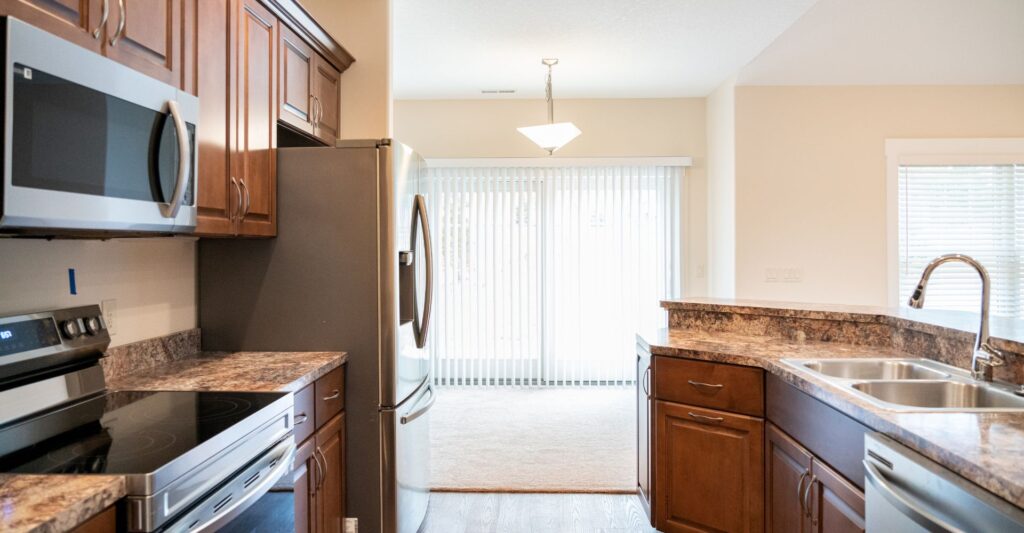 The Pines at Southfield Village in South Bend, IN, Frasier model, view of kitchen