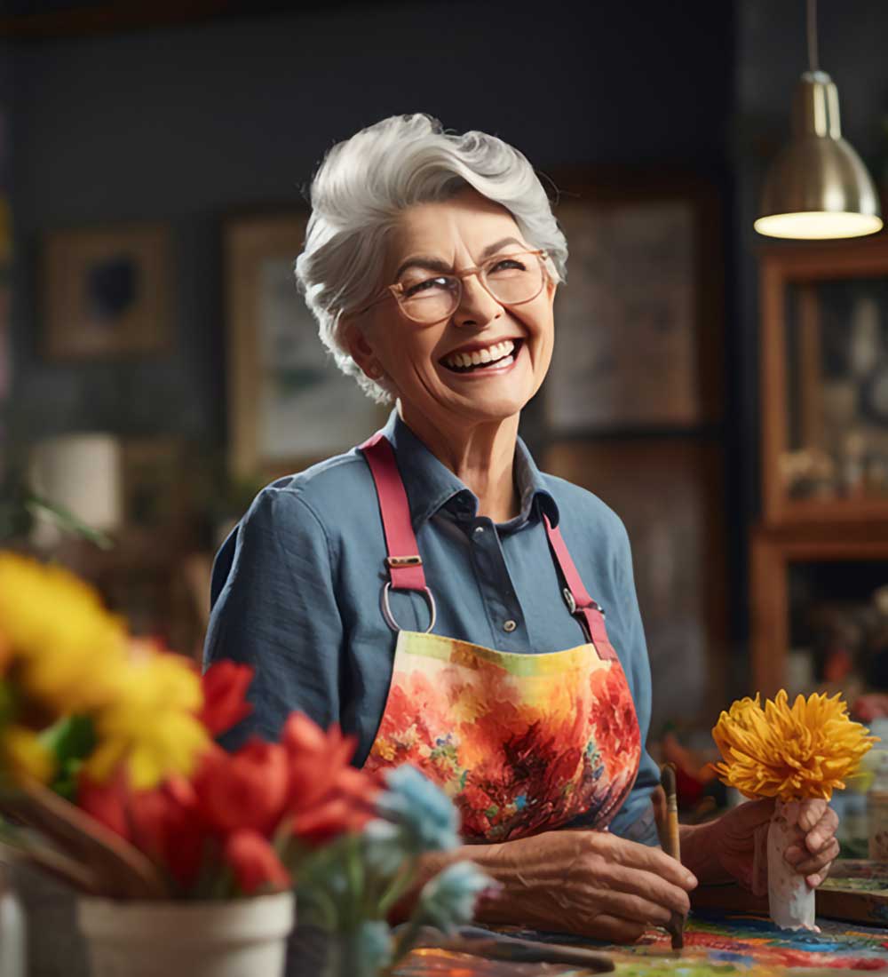 Smiling senior woman wearing an apron and holding a single brightly colored flower along with a small paint brush